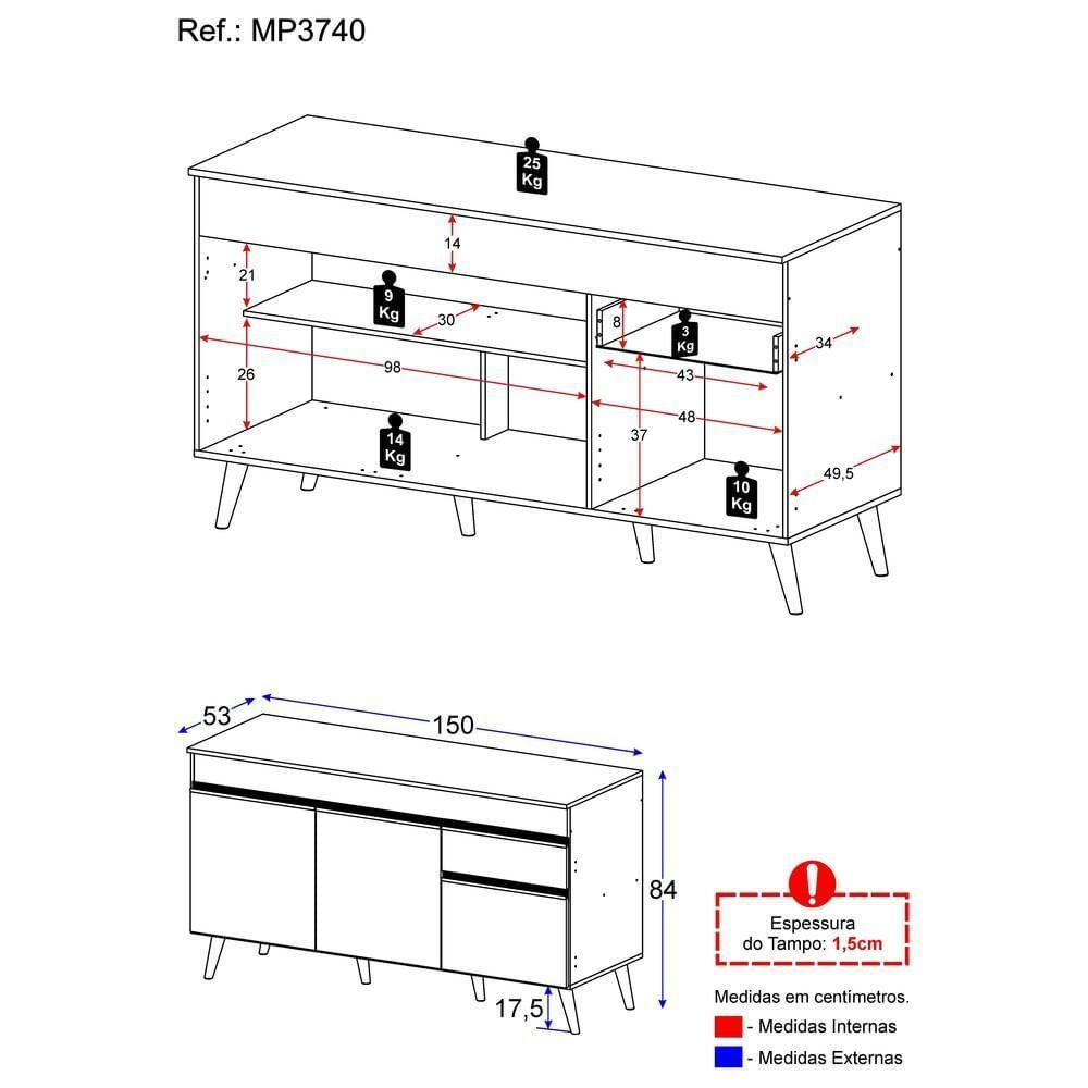 Balcão Cozinha Gabinete Pia 150Cm 3 Portas Mp3740.895 Preto