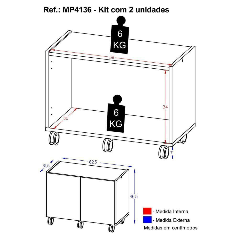 Kit 2 Mesas De Cabeceira Com Rodízios 2 Portas Multimóveis Mp4136 Branco Branco