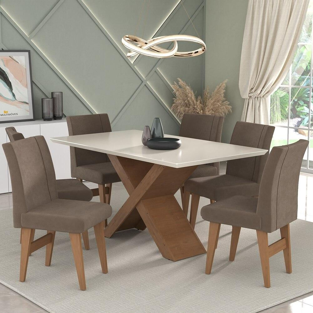 Conjunto Mesa de Jantar 160 cm com 6 cadeiras Lisboa Multimóveis EX1008 Madeirado/Off White/Castor