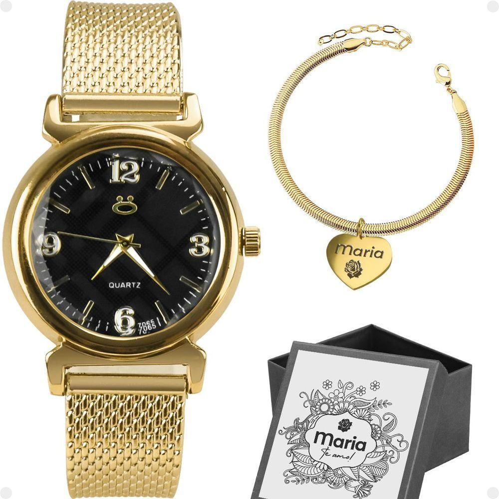 Relogio Feminino Aço Inox + Pulseira Personalizada + Caixa Qualidade Premium Casual Silicone Dourado