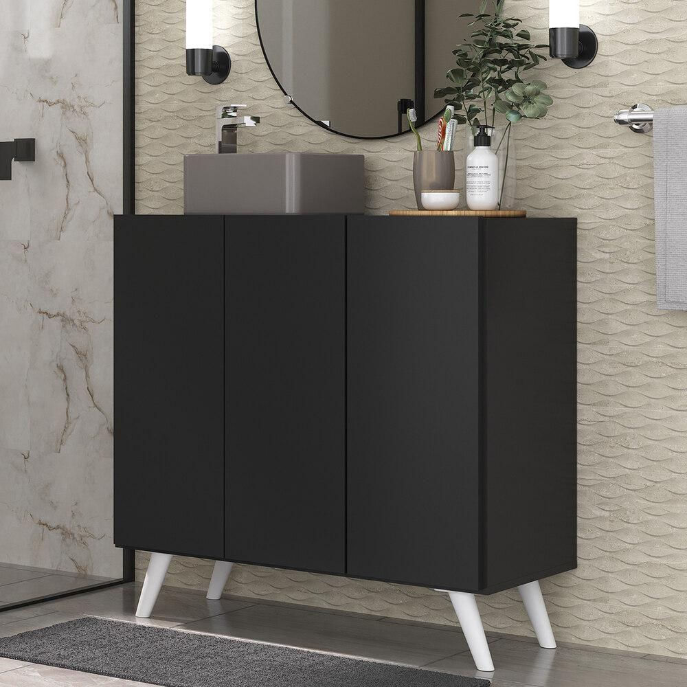 Gabinete Banheiro 3 Portas Retrô 90Cm Mp5030 Preto/Branco