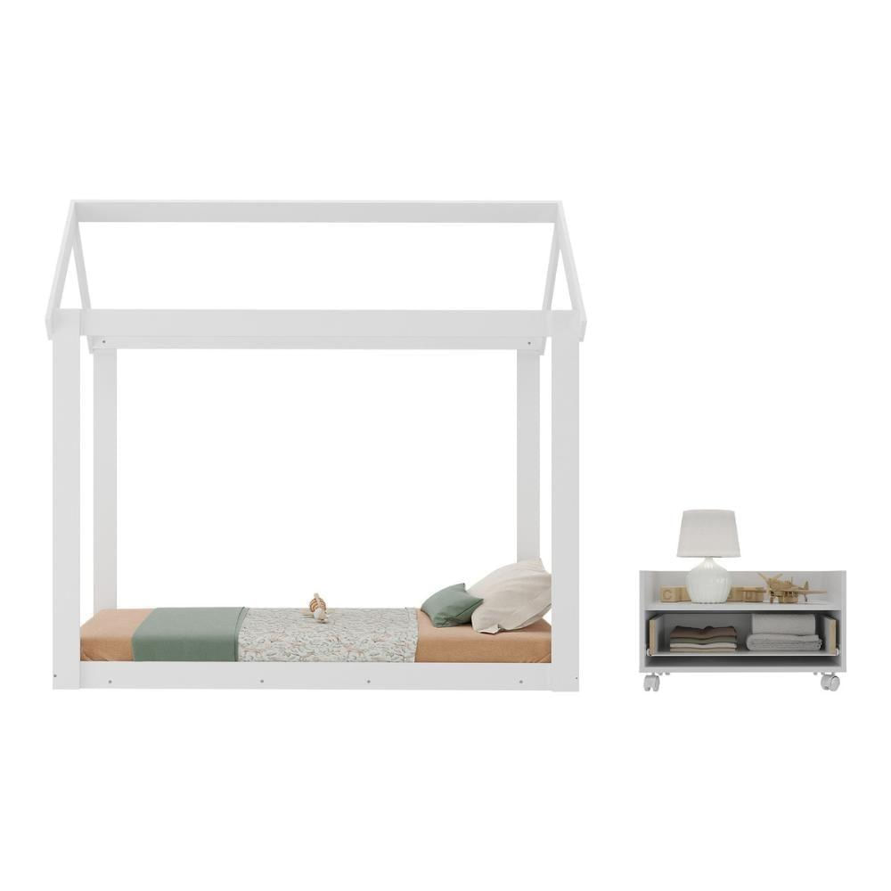 Cama Infantil Montessoriana Para Colchão 150x70cm Com Mesa De Cabeceira Bambolê Multimóveis Mx4285 Branco