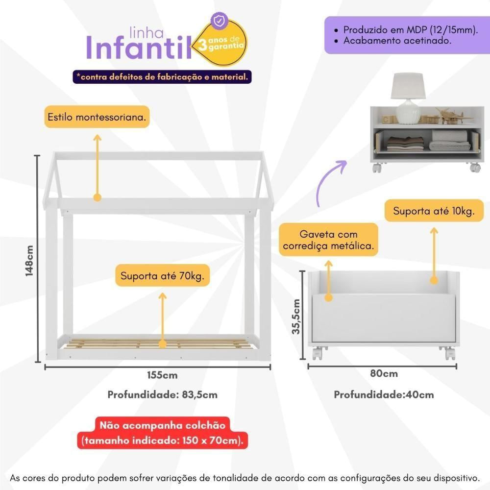 Cama Infantil Montessoriana Para Colchão 150x70cm Com Mesa De Cabeceira Bambolê Multimóveis Mx4285 Branco