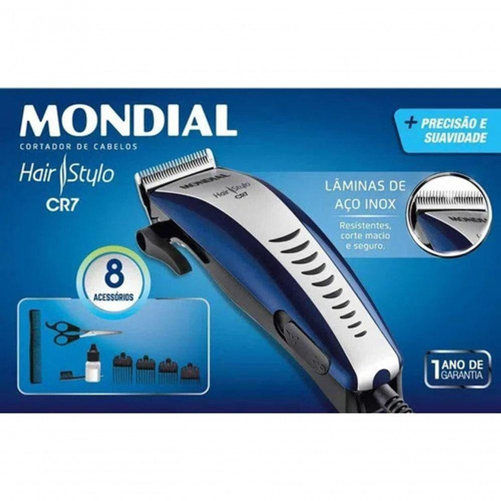 Cortar De Cabelo Mondial CR07 4 Níveis De Altura Azul Prata 220v