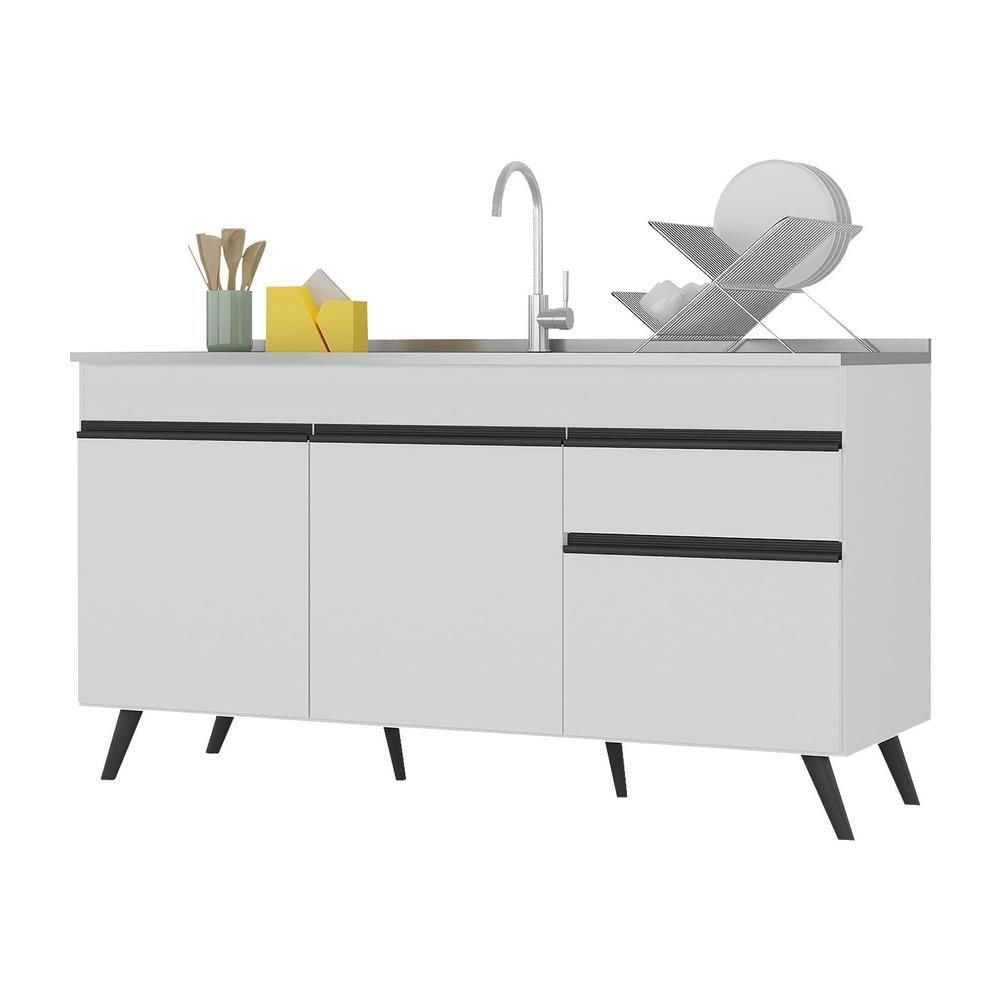 Balcão Cozinha Gabinete Pia 150Cm 3 Portas Branco/preto