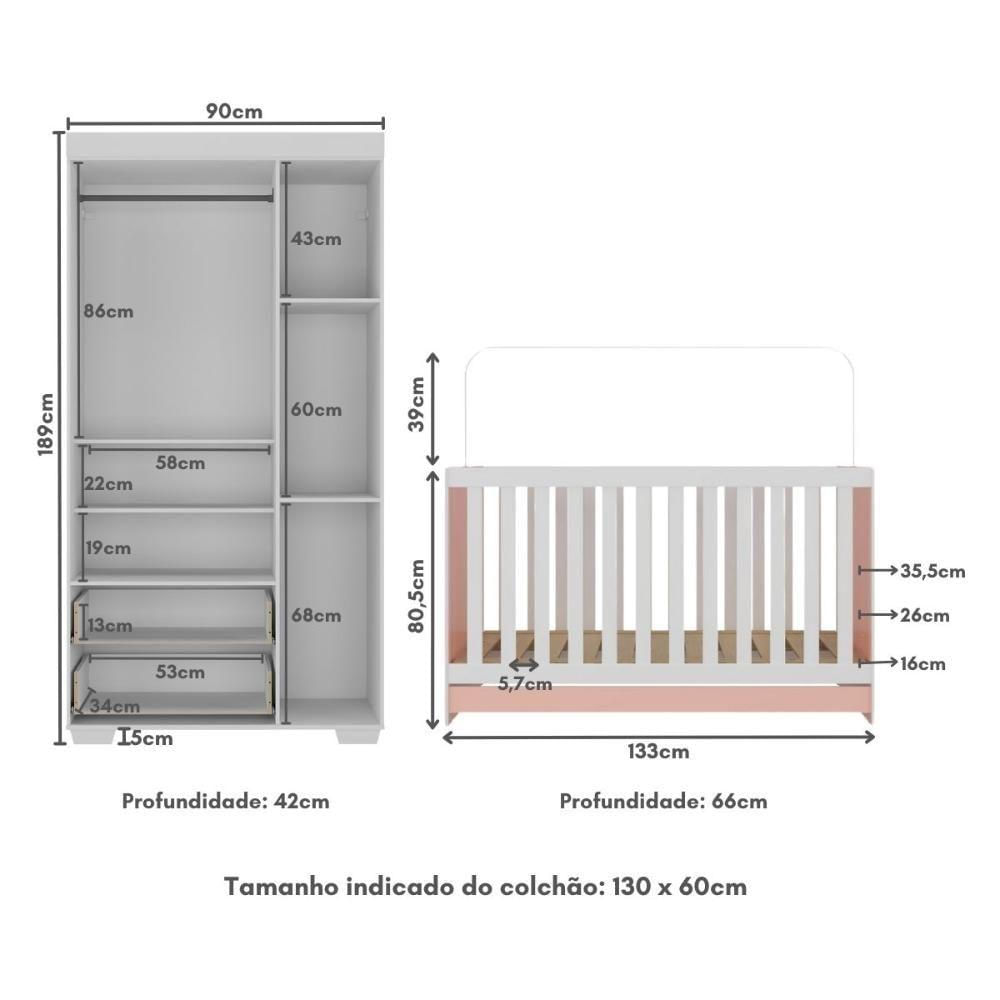 Quarto Infantil Com Berço 3 Em 1 E Guarda-roupas Algodão Doce Multimóveis Mp4247 Branco/rosa