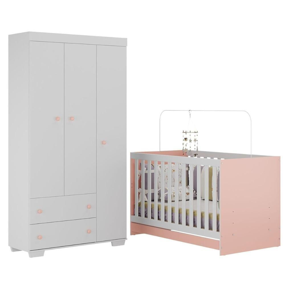 Quarto Infantil Com Berço 3 Em 1 E Guarda-roupas Algodão Doce Multimóveis Mp4247 Branco/rosa