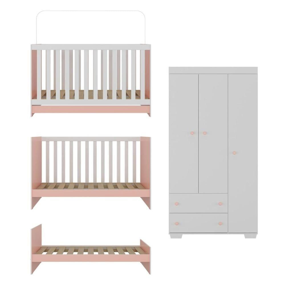 Quarto Infantil Com Berço 3 Em 1 E Guarda-roupas Algodão Doce Multimóveis Mp4247 Branco/rosa