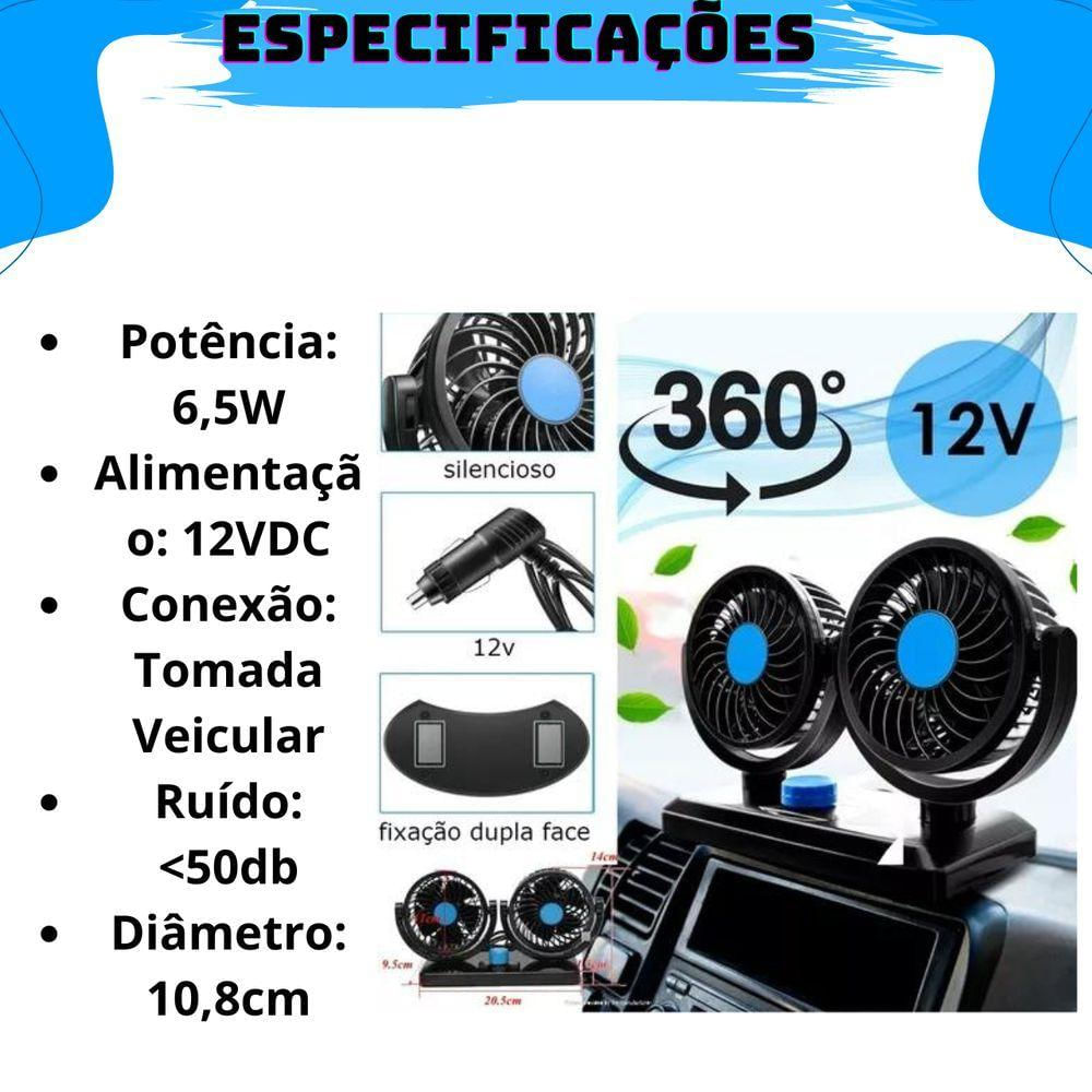 Ventilador Automotivo Duplo 12v Duplo Com Ajuste Para Carro Caminhões Van