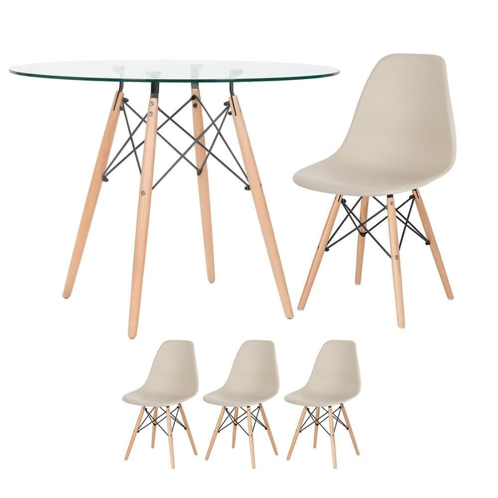 Mesa Redonda Eames Com Tampo De Vidro 100 Cm + 3 Cadeiras Eiffel Dsw Nude