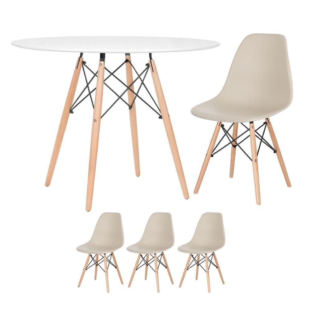 Mesa Redonda Eames 100cm Branco + 3 Cadeiras Nude