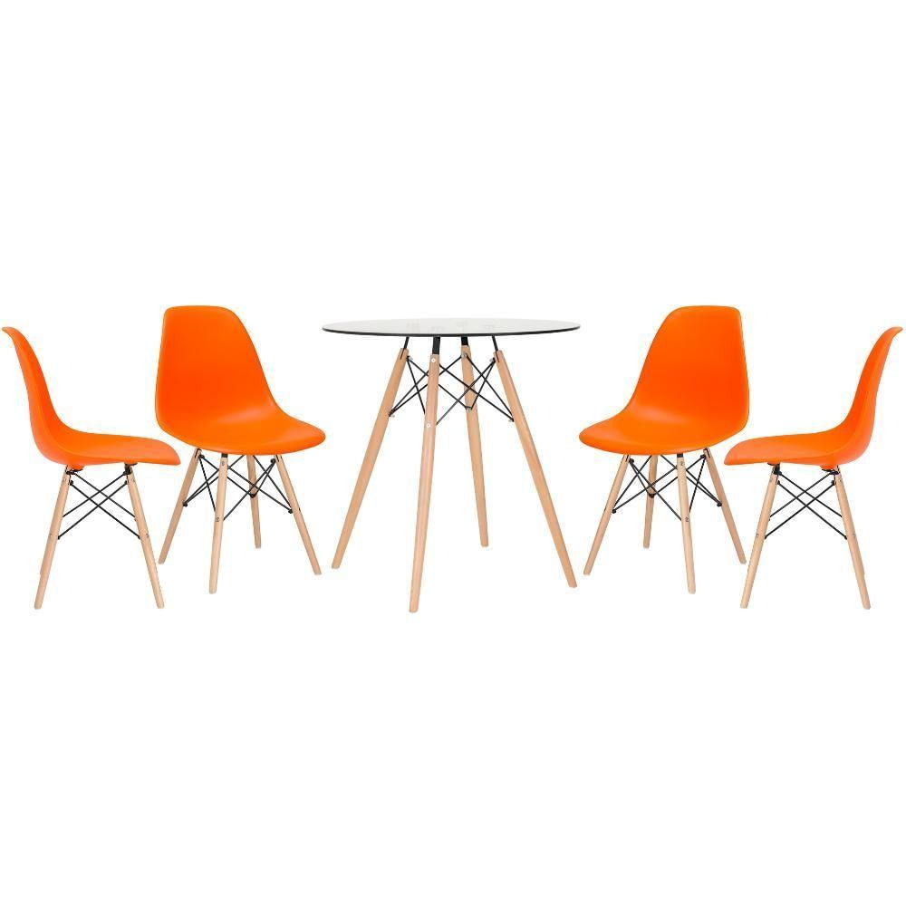 Mesa Redonda Eames Com Tampo De Vidro 70 Cm + 4 Cadeiras Eiffel Dsw Laranja