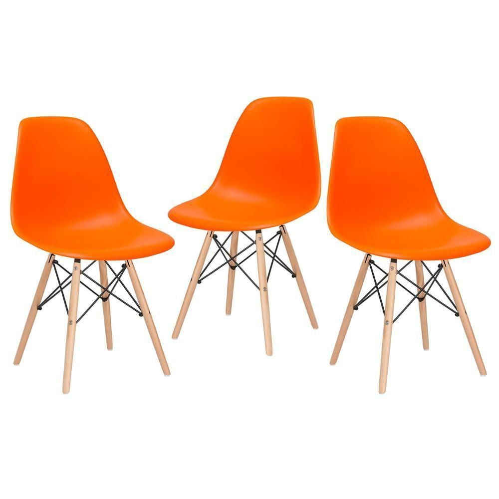 Kit 3 Cadeiras Charles Eames Eiffel Dsw Com Pés De Madeira Clara Laranja