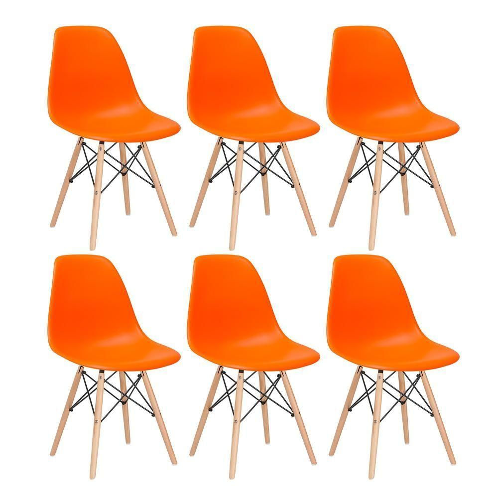 Kit 6 Cadeiras Charles Eames Eiffel Dsw Com Pés De Madeira Clara Laranja