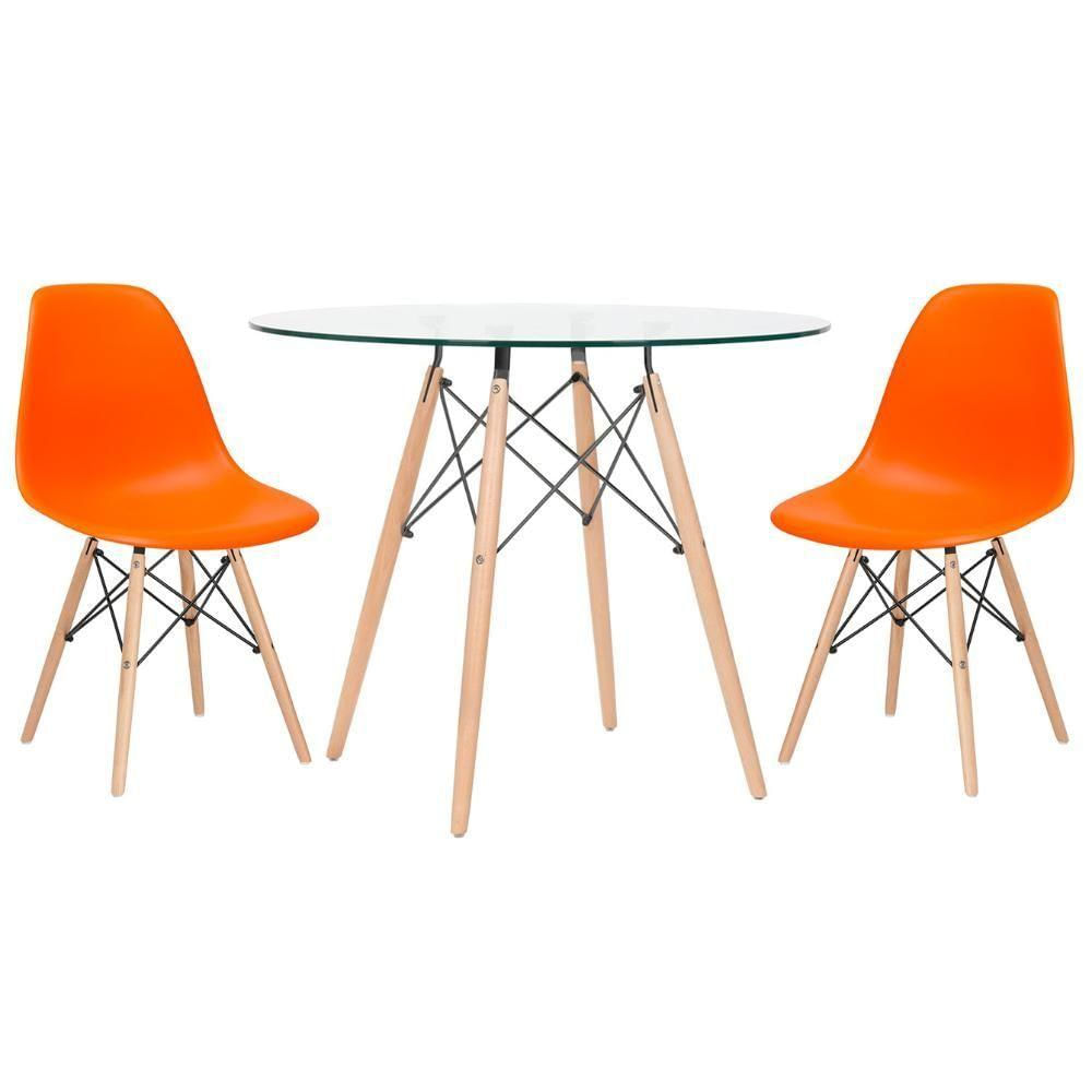 Mesa Redonda Eames Com Tampo De Vidro 80 Cm + 2 Cadeiras Eiffel Dsw Laranja