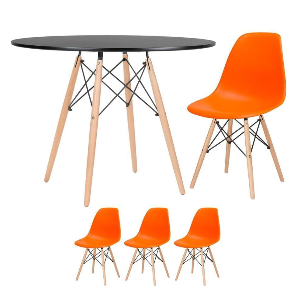 Mesa Redonda Eames 100cm Preto + 3 Cadeiras Laranja