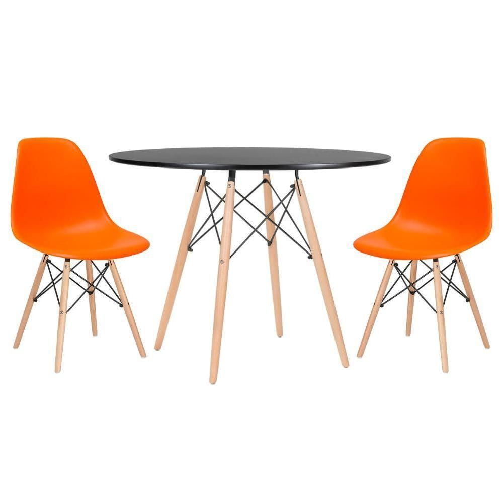 Mesa Redonda Eames 100cm Preto + 2 Cadeiras Laranja