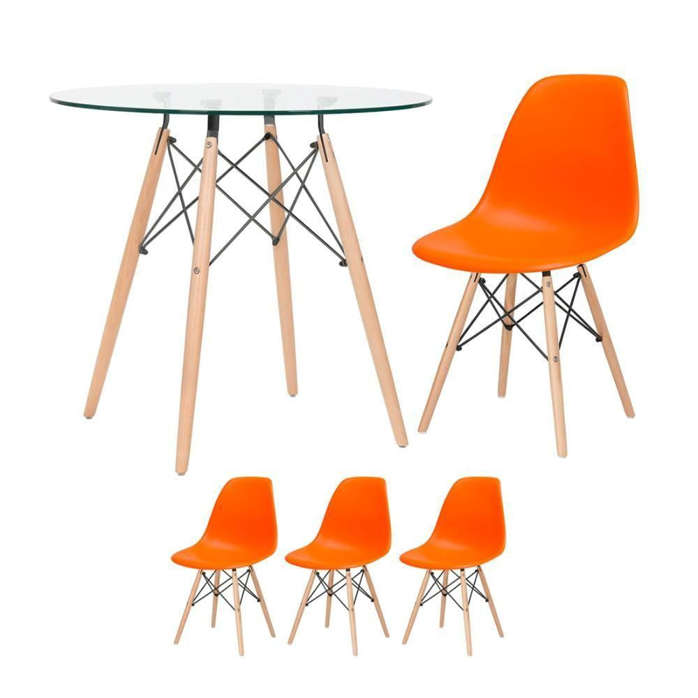 Mesa Redonda Eames Com Tampo De Vidro 80 Cm + 3 Cadeiras Eiffel Dsw Laranja