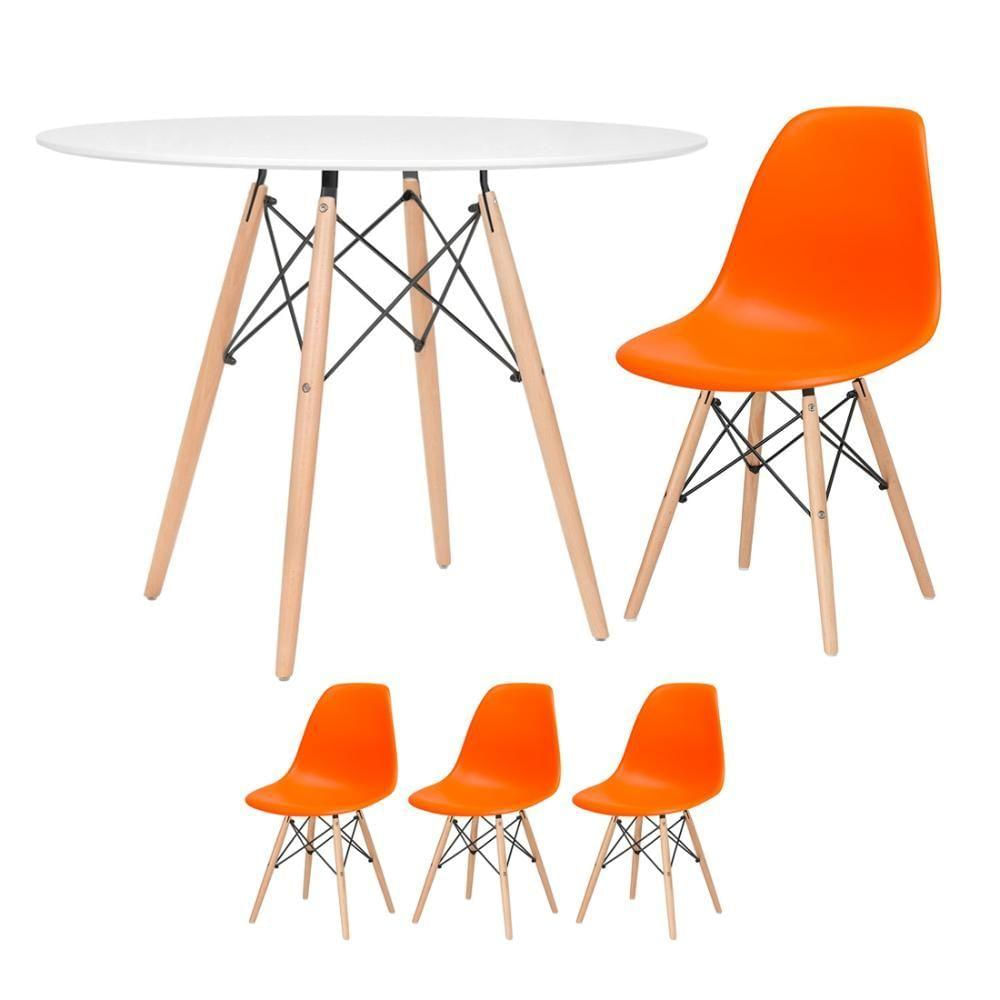 Mesa Redonda Eames 100cm Branco + 3 Cadeiras Laranja