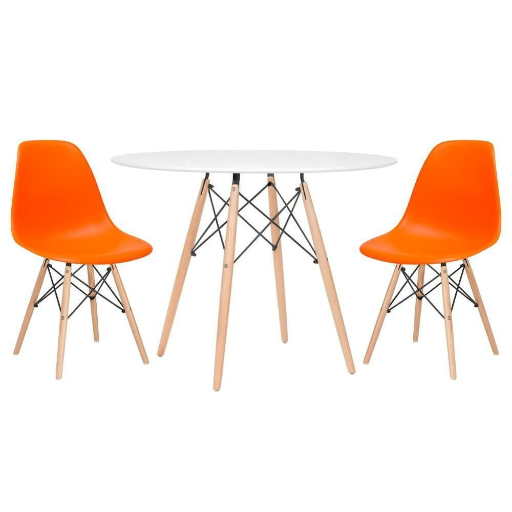 Mesa Redonda Eames 100cm Branco + 2 Cadeiras Laranja