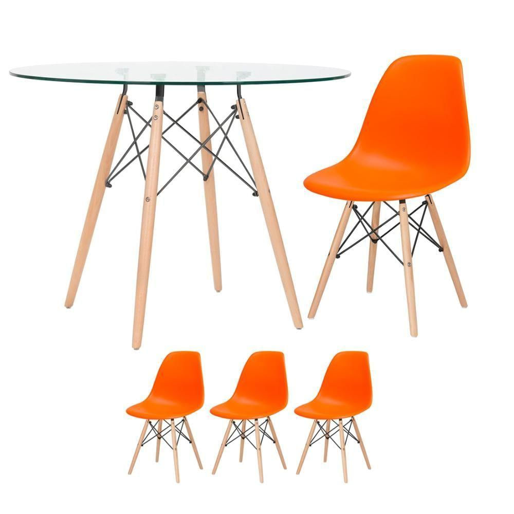 Mesa Redonda Eames Com Tampo De Vidro 100 Cm + 3 Cadeiras Eiffel Dsw Laranja