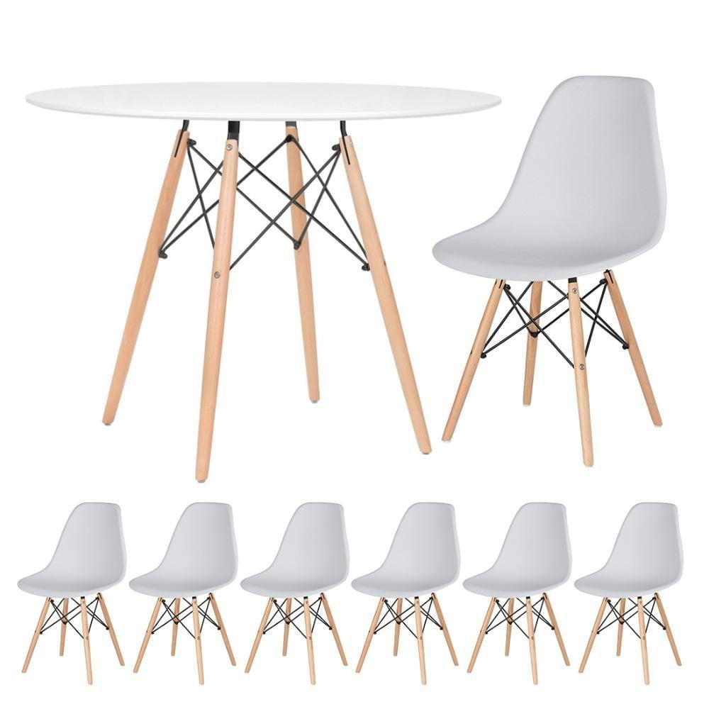 Mesa Redonda Eames 100cm Branco + 6 Cadeiras Cinza Claro