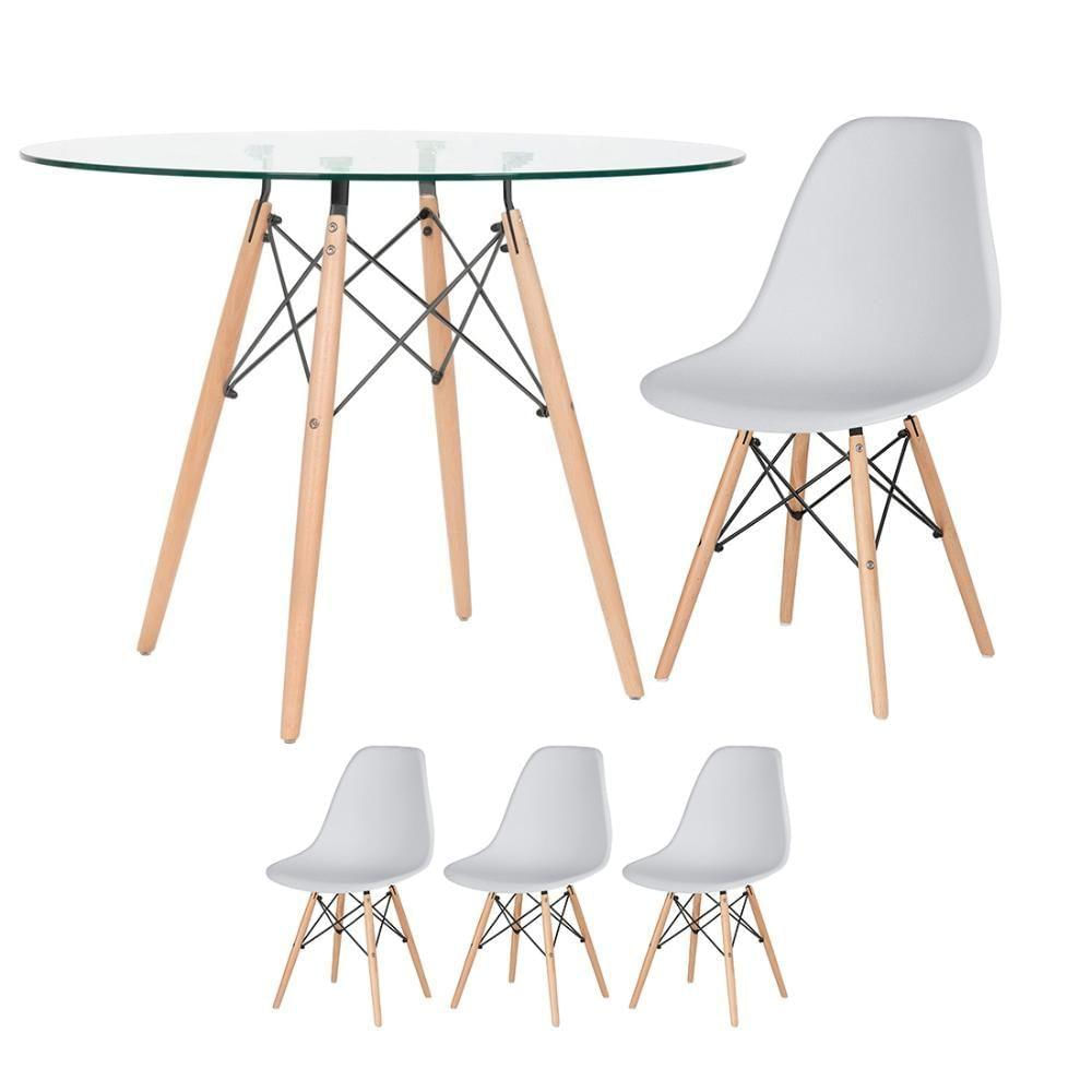 Mesa Redonda Eames 100cm + 3 Cadeiras Cinza Claro