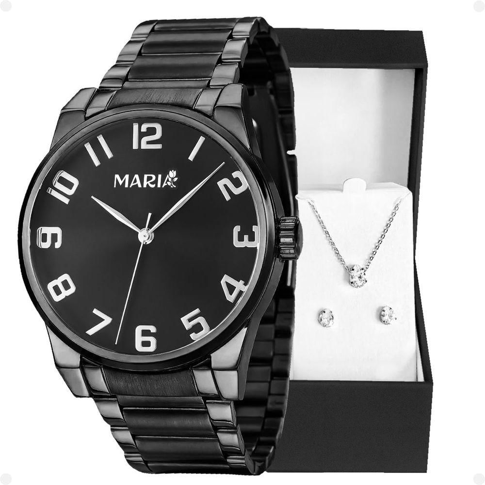Relogio Feminino Preto Aço Inox + Caixa + Brincos + Colar Original Presente Qualidade Premium Social