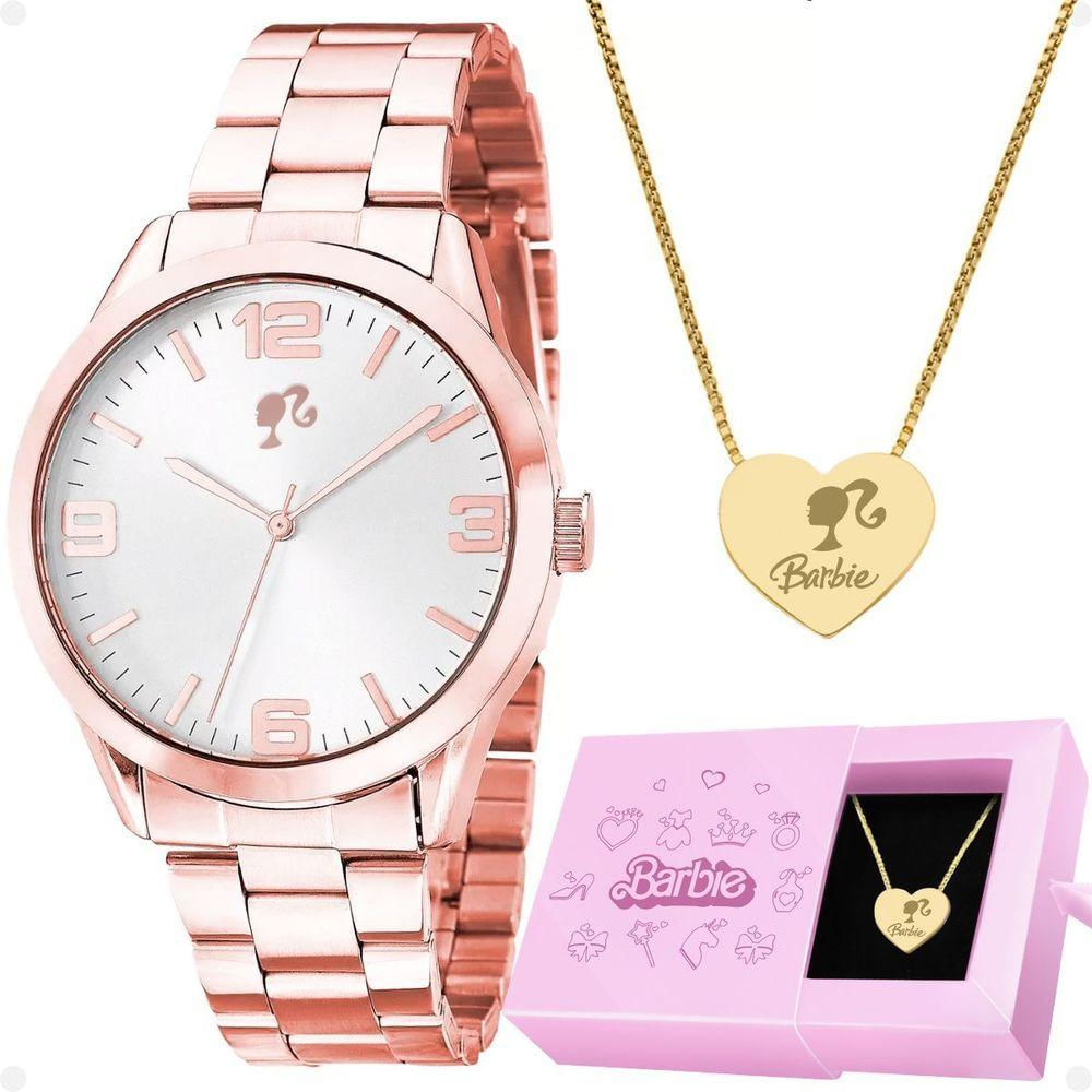 Relogio Feminino Aço Rose + Colar Barbie Coração + Caixa Rose Original Social Edição Limitada Moda