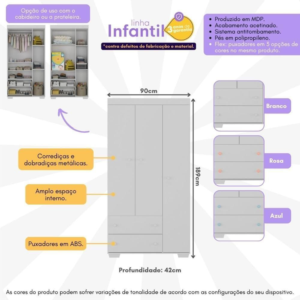 Guarda-roupas Infantil Flex 3 Portas E 2 Gavetas Algodão Doce Multimóveis Mp4245 Branco