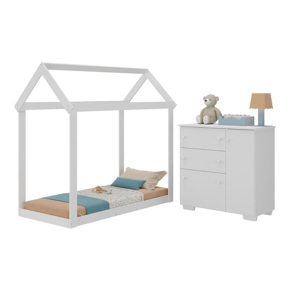 Quarto Infantil Com Cama Montessoriana E Cômoda Flex Algodão Doce Multimóveis Mx4277 Branco