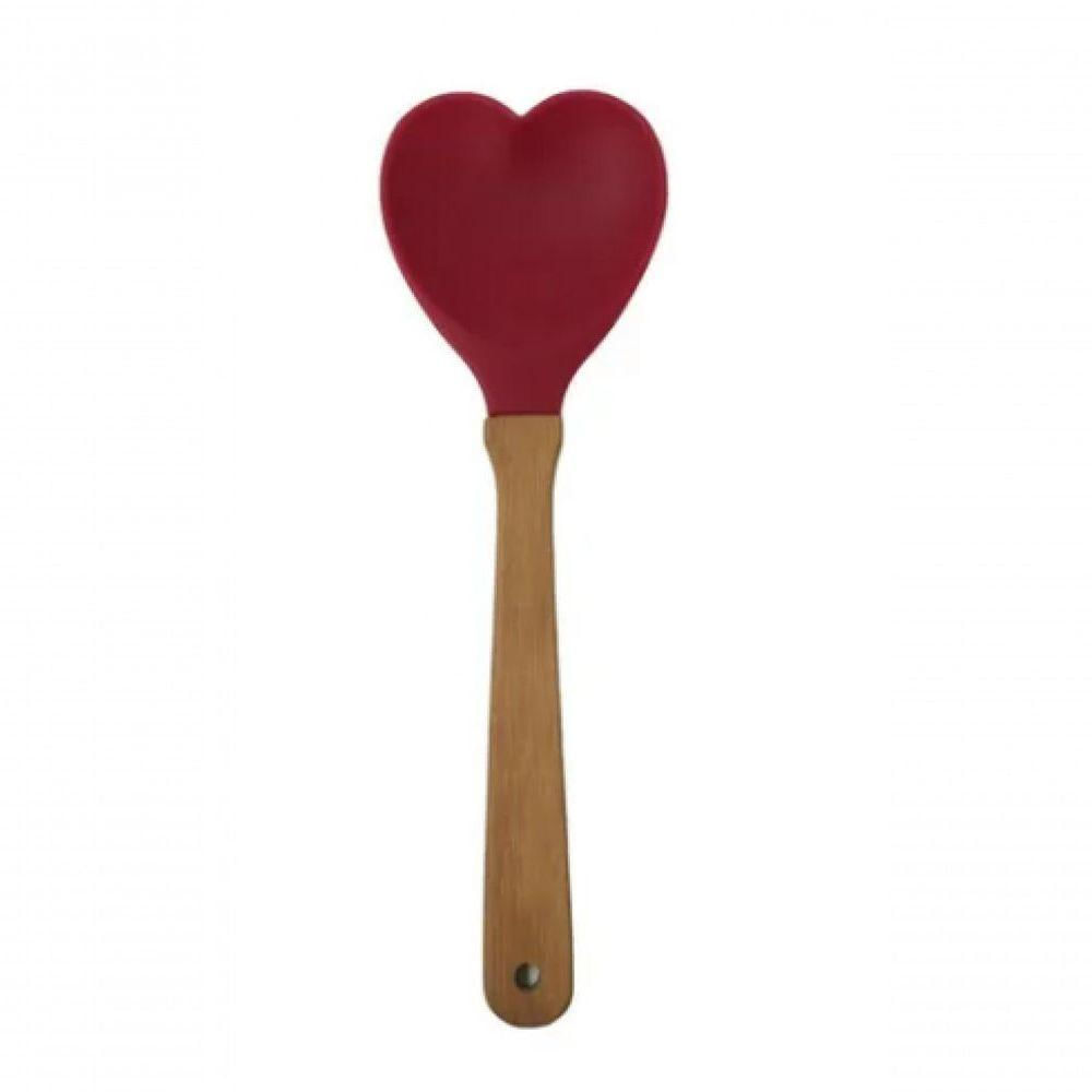 Colher De Silicone 31 Cm Cabo De Madeira Coração - Wellmix