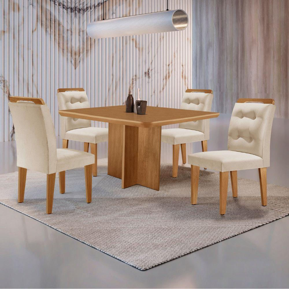 Mesa Olímpia 90cm Mdf Com 4 Cadeiras Carol Veludo Creme Naturalle