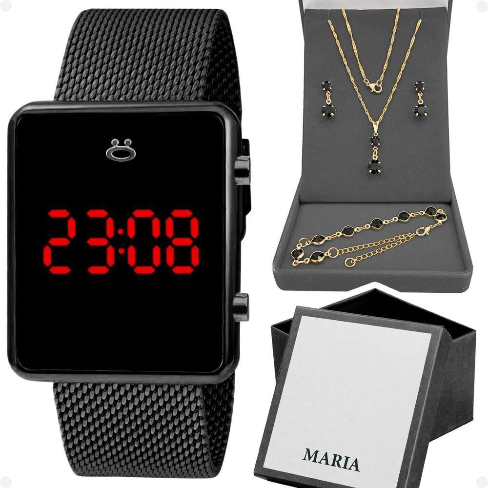 Relogio Feminino Preto Digital + Colar + Brincos + Caixa Casual Quadrado Pulseira Ajustável Presente