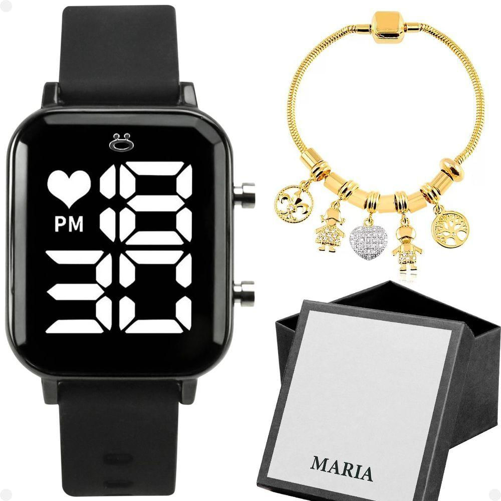 Relogio Feminino Aço Inox Digital Led + Caixa + Pulseira Silicone Moda Casual Preto Original