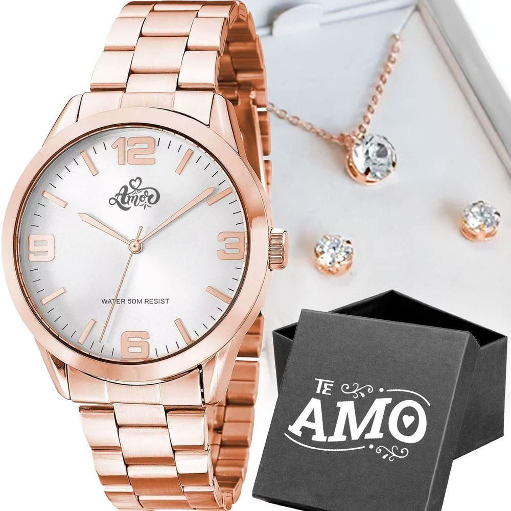 Relogio Feminino Banhado Aço + Pulseira + Colar + Caixa Strass Moda Qualidade Premium Presente