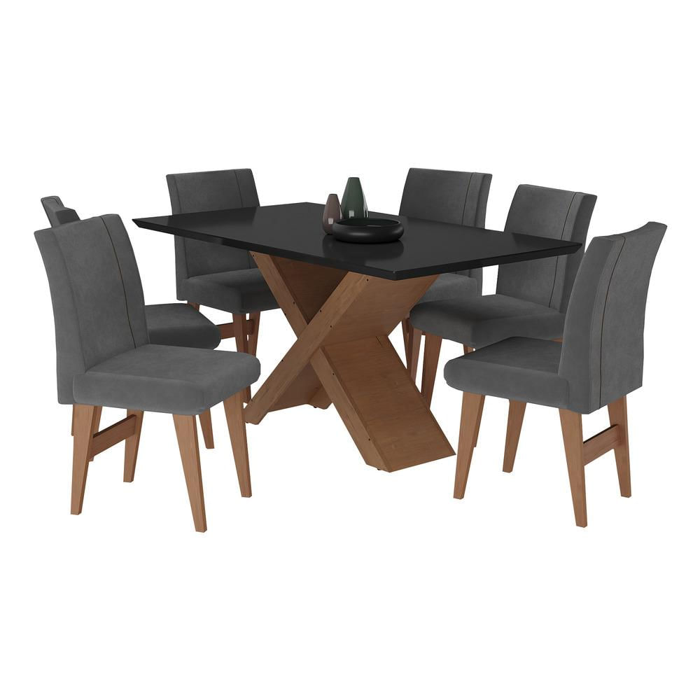 Conjunto Mesa de Jantar 160 cm com 6 cadeiras Lisboa Multimóveis EX1008 Madeirado/Preto/Grafite