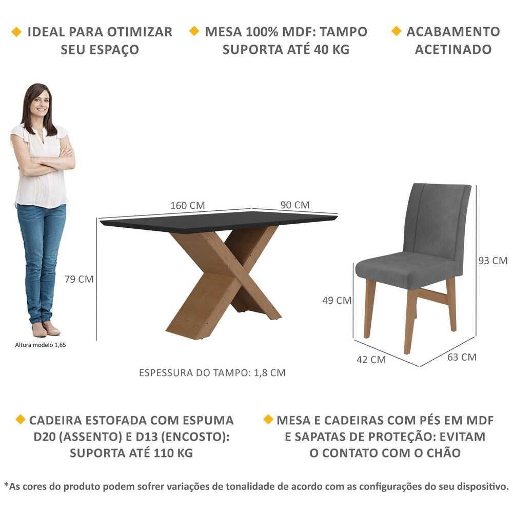 Conjunto Mesa de Jantar 160 cm com 6 cadeiras Lisboa Multimóveis EX1008 Madeirado/Preto/Grafite