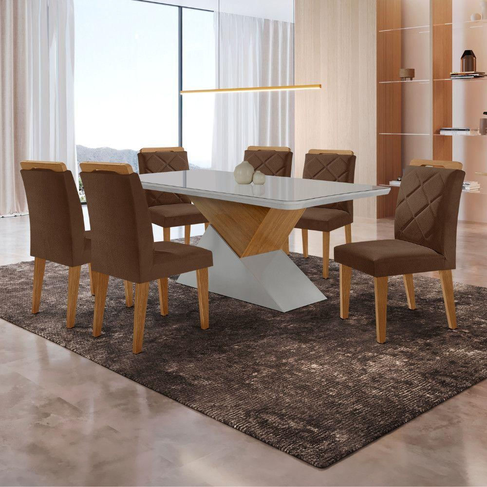 Mesa Sala De Jantar Aster 180cm E 6 Cadeiras Melissa Moderna Veludo Marrom Off White Imbuia