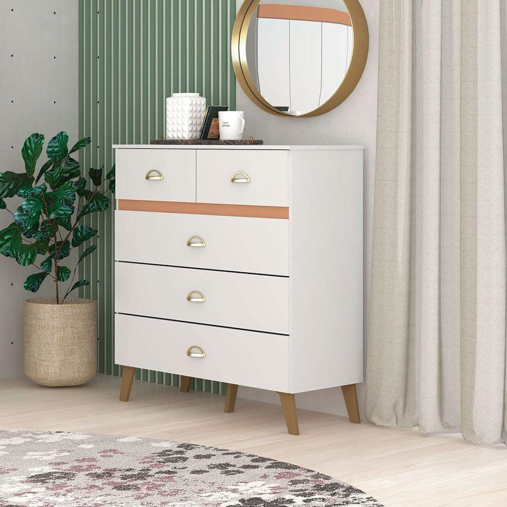 Cômoda Para Quarto 05 Gavetas Milão Branco/camarim - Pallazio