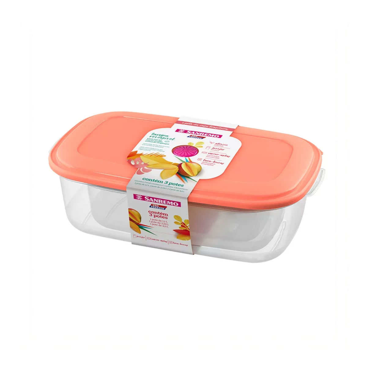 Conjunto de Potes Plásticos Retangulares Altos Vac Freezer Rosa 3pçs - Sanremo Rosa