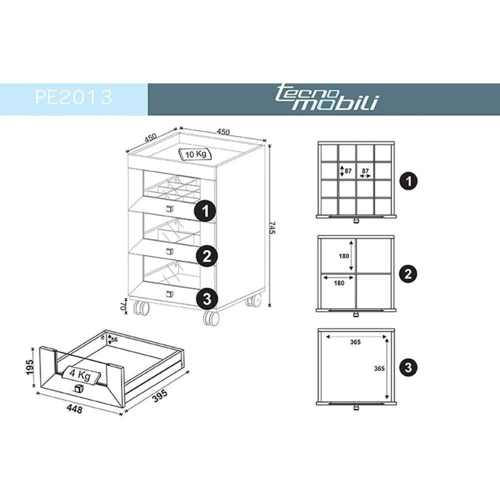 Multiuso Quarto Carrinho De Maquiagem Pe2013 C- 3 Portas E Rodízios Branco - Tecno Mobili