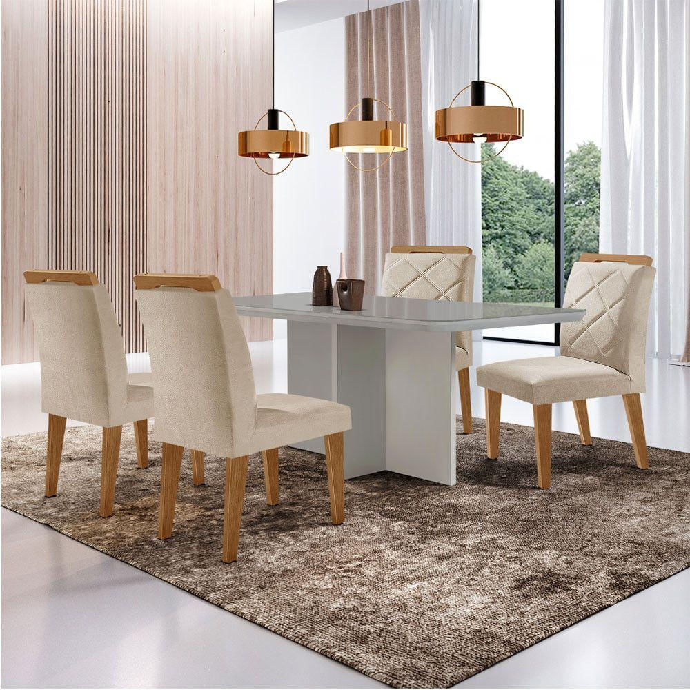 Mesa Olímpia 120cm Com 4 Cadeiras Melissa Moderna Mobilia Veludo Creme Off White Imbuia