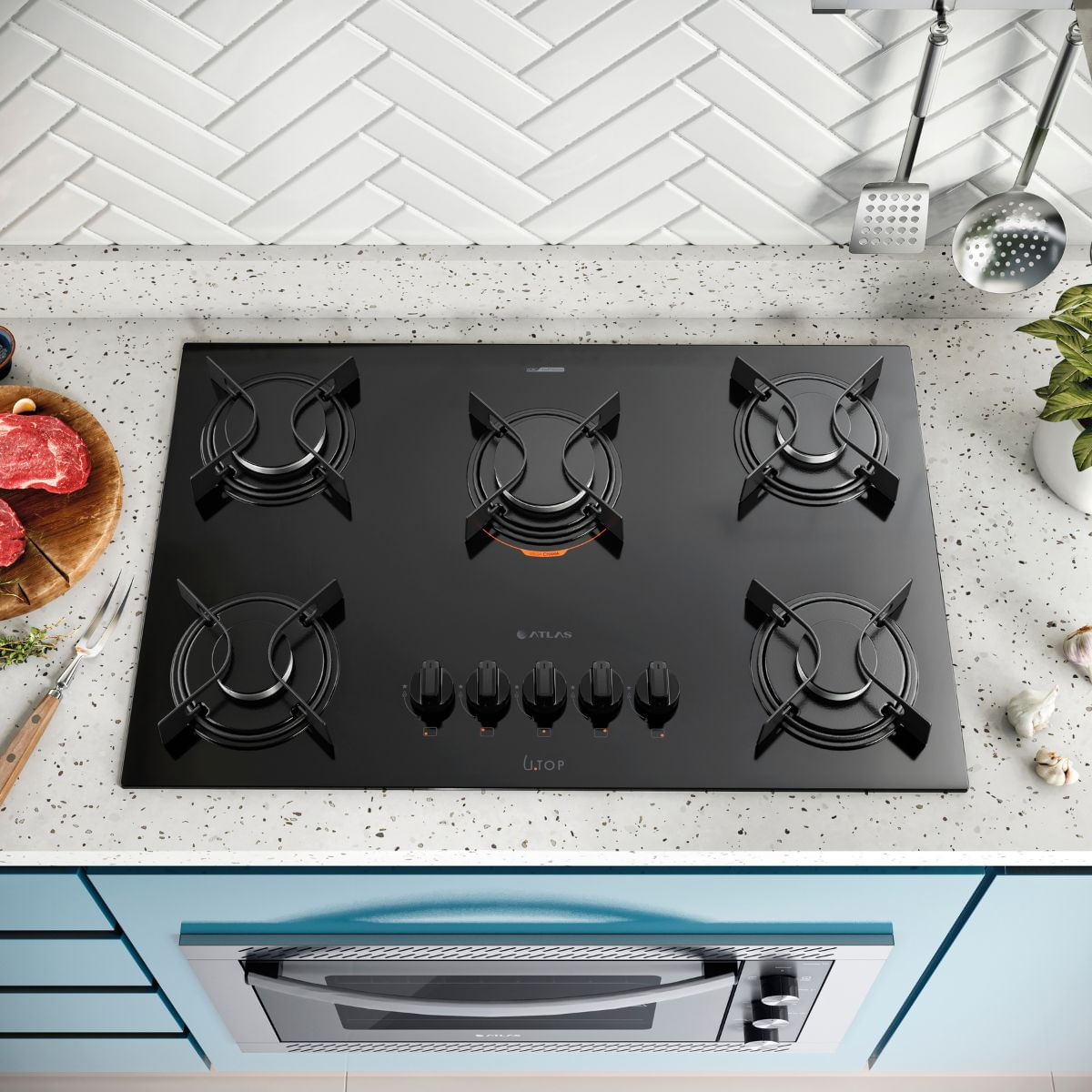 Cooktop 5 Bocas Preto com Mesa de Vidro Atlas U Top Bivolt BIVOLT