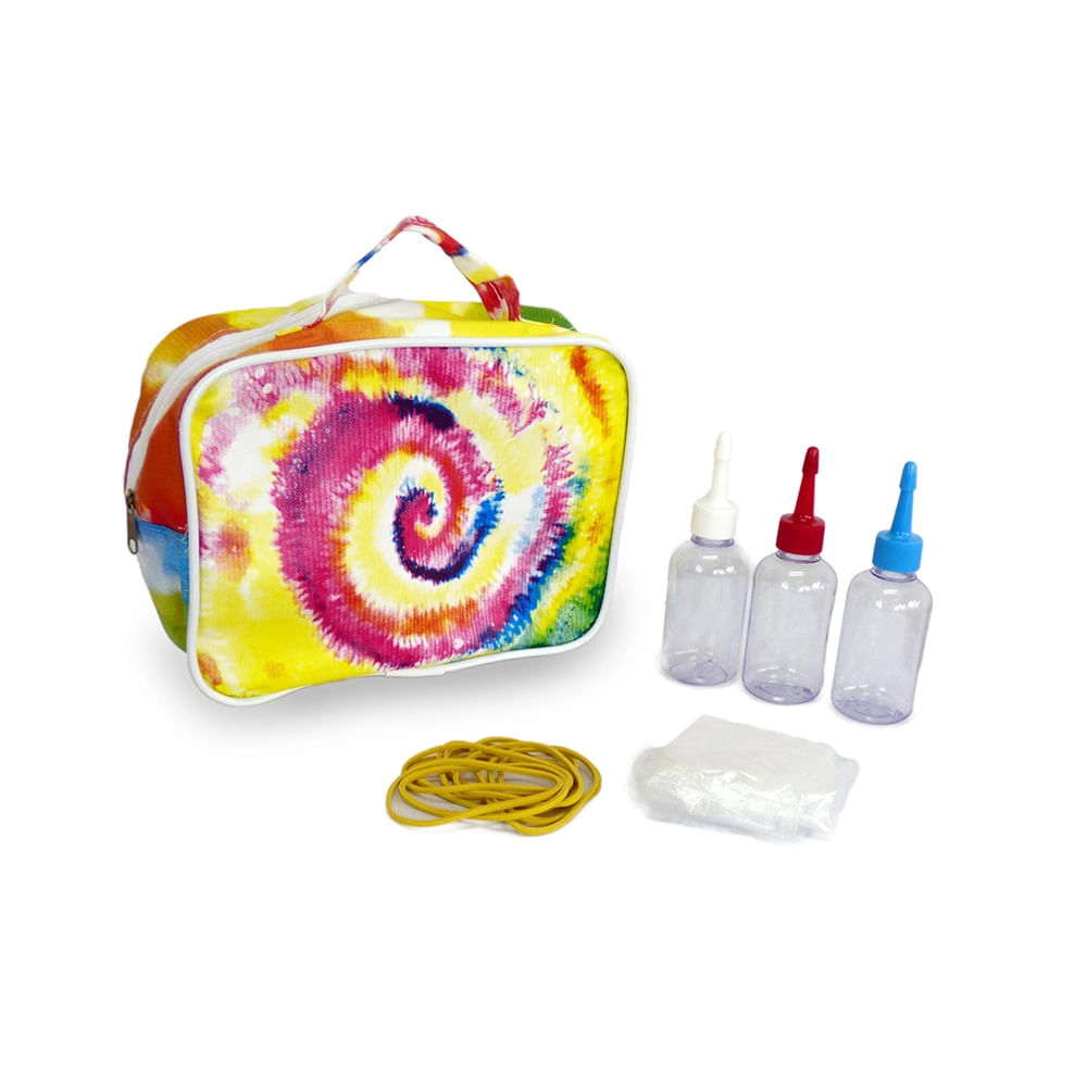 Kit Qmagia para Tie Dye com 1 Bolsa, 3 Bisnagas de 100ml ,1 Par de Luvas, 1 Camiseta e Elásticos