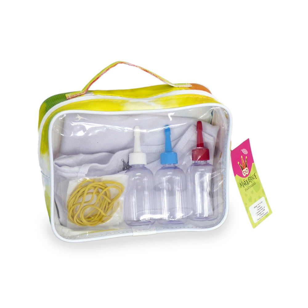 Kit Qmagia para Tie Dye com 1 Bolsa, 3 Bisnagas de 100ml ,1 Par de Luvas, 1 Camiseta e Elásticos