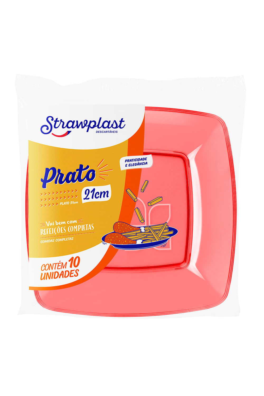 Prato Descartável Strawplast Quadrado 21cm com 10 Unidades Vermelho