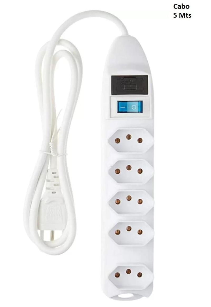 Filtro De Linha Régua Extensão Com 5 Tomadas 2P+T Cabo 5 Metros Bivolt