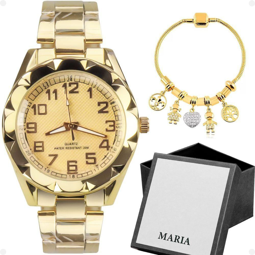 Relogio Feminino Prova Dagua Aço + Pulseira + Dourado Caixa Presente Casual Qualidade Premium Social
