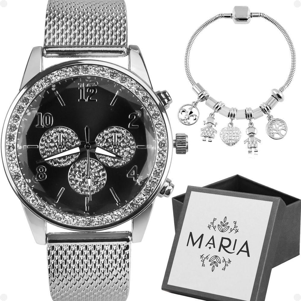 Relogio Feminino Aço Strass Prova Dagua Delicado Mostrador Preto Presente Prata Social Moda Redondo